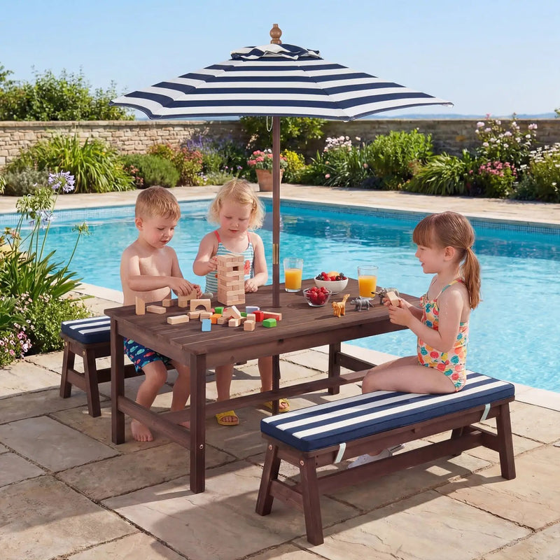 Outdoor Wooden Kids Picnic Table with Removable Umbrella and Cushions by DirectDeals
