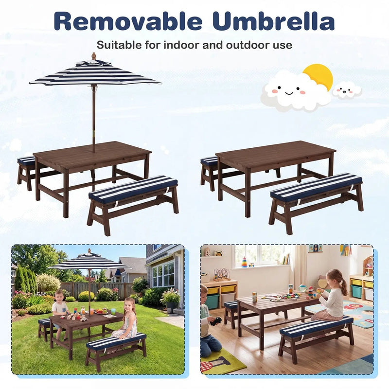 Outdoor Wooden Kids Picnic Table with Removable Umbrella and Cushions by DirectDeals