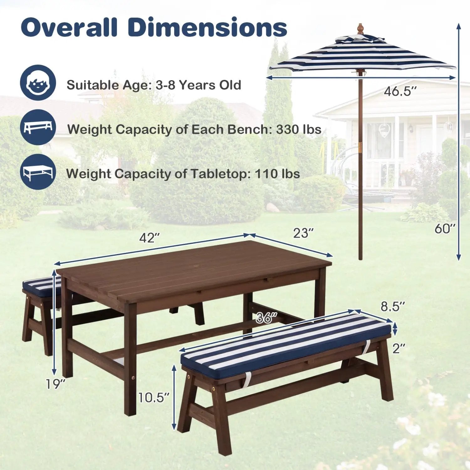 Outdoor Wooden Kids Picnic Table with Removable Umbrella and Cushions by DirectDeals