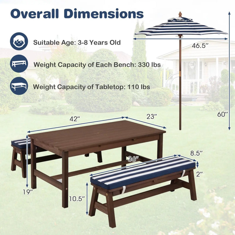 Outdoor Wooden Kids Picnic Table with Removable Umbrella and Cushions by DirectDeals