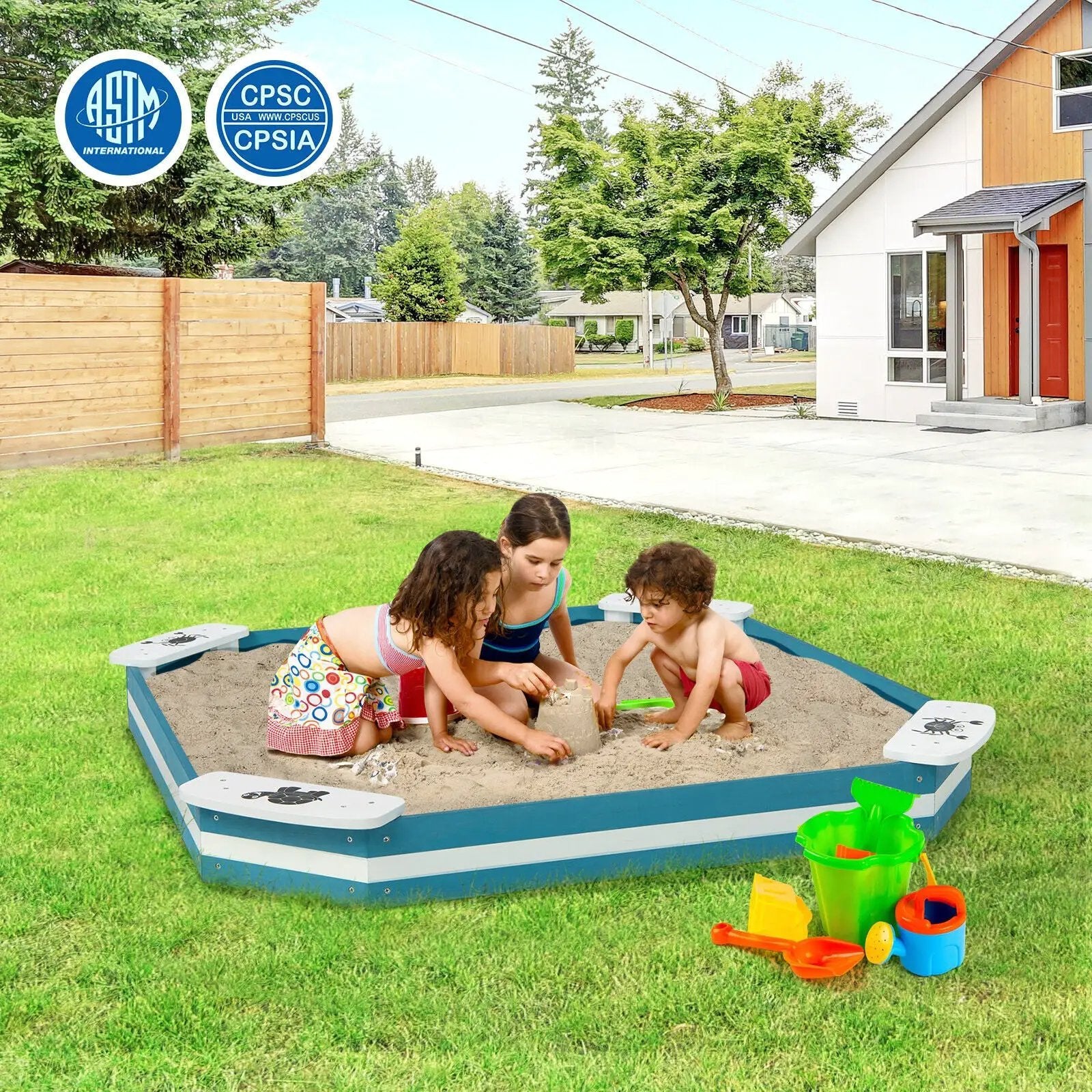 Outdoor Solid Wood Sandbox with 4 Built-in Animal Patterns Seats by DirectDeals