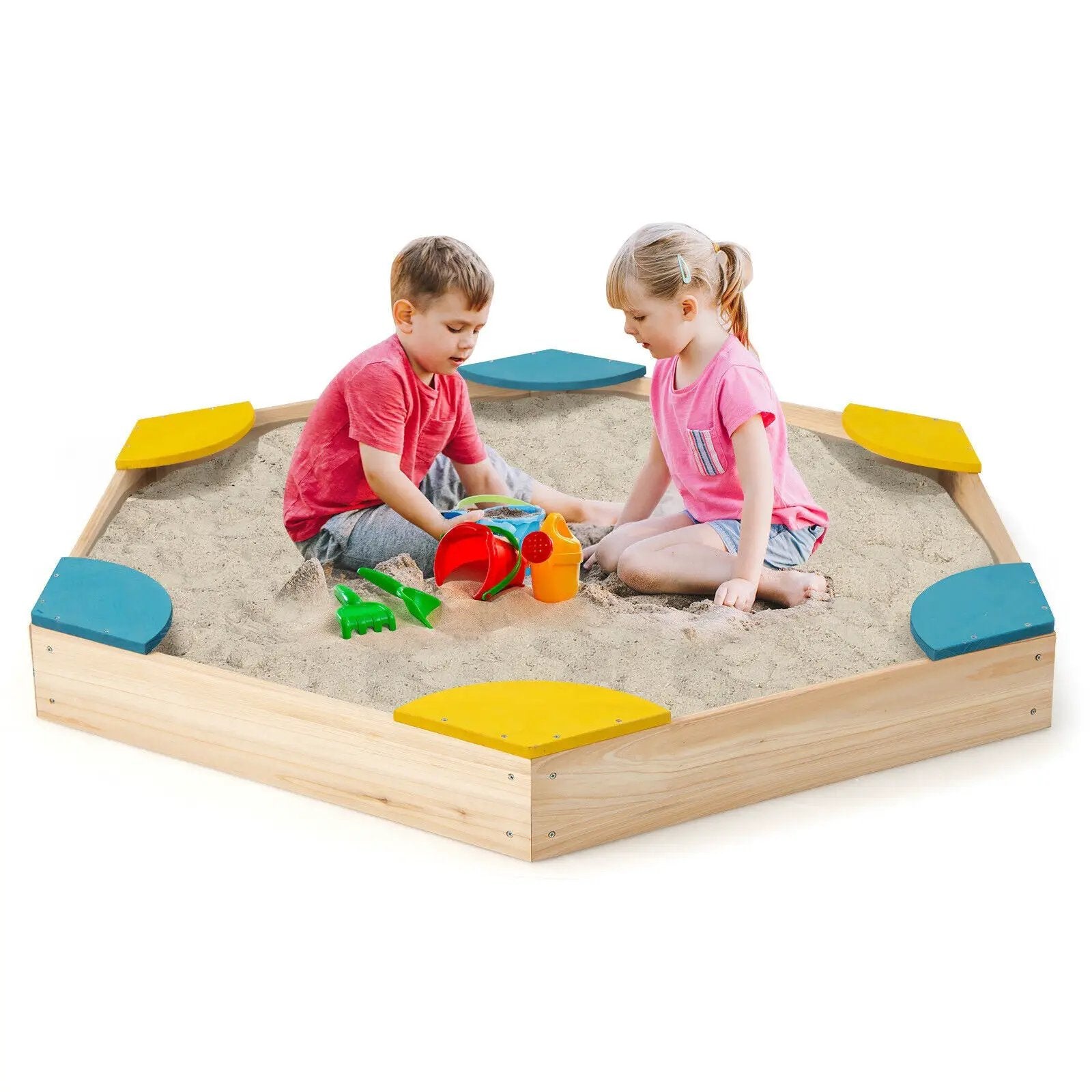 Outdoor Solid Wood Sandbox with 6 Built-in Fan-shaped Seats by DirectDeals