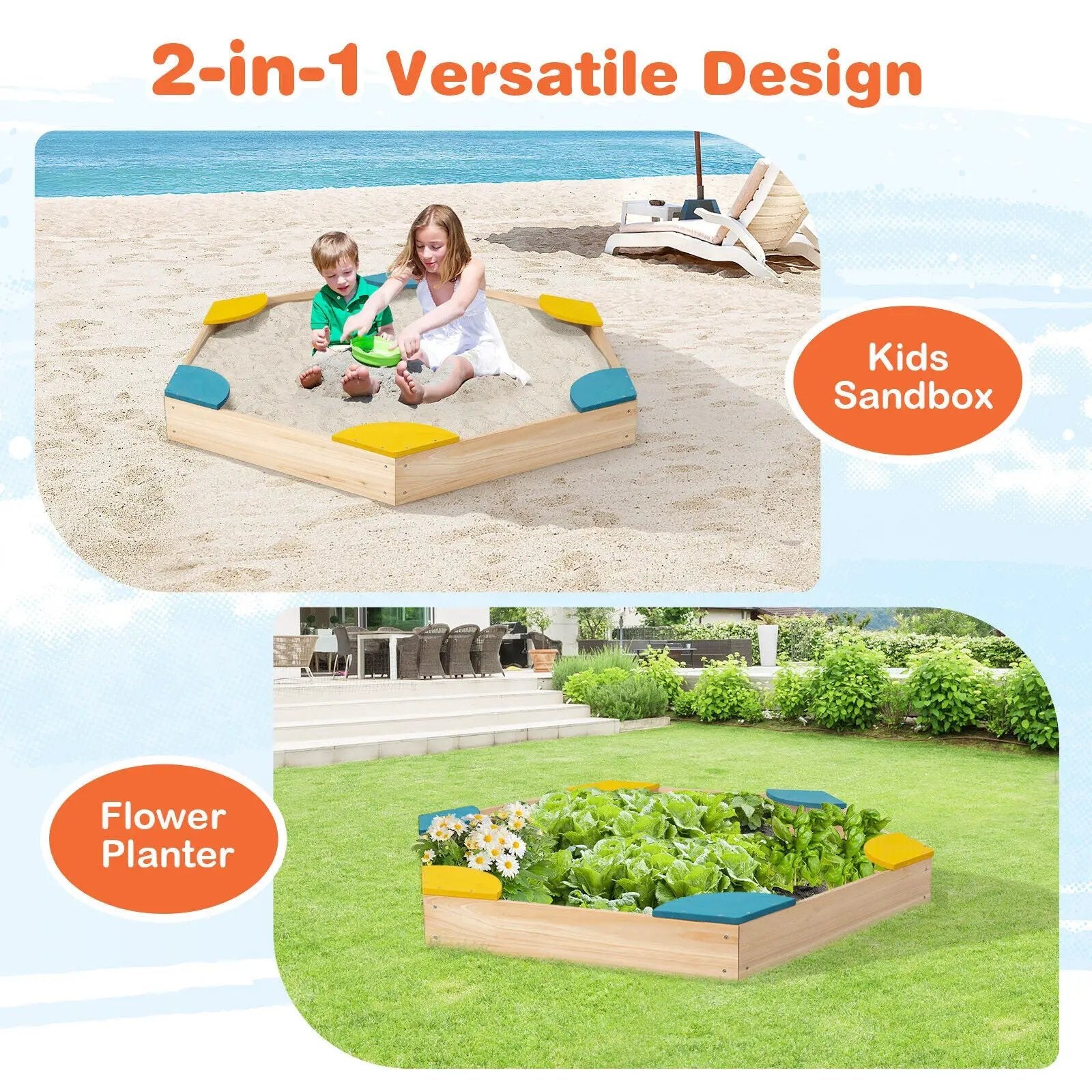 Outdoor Solid Wood Sandbox with 6 Built-in Fan-shaped Seats by DirectDeals
