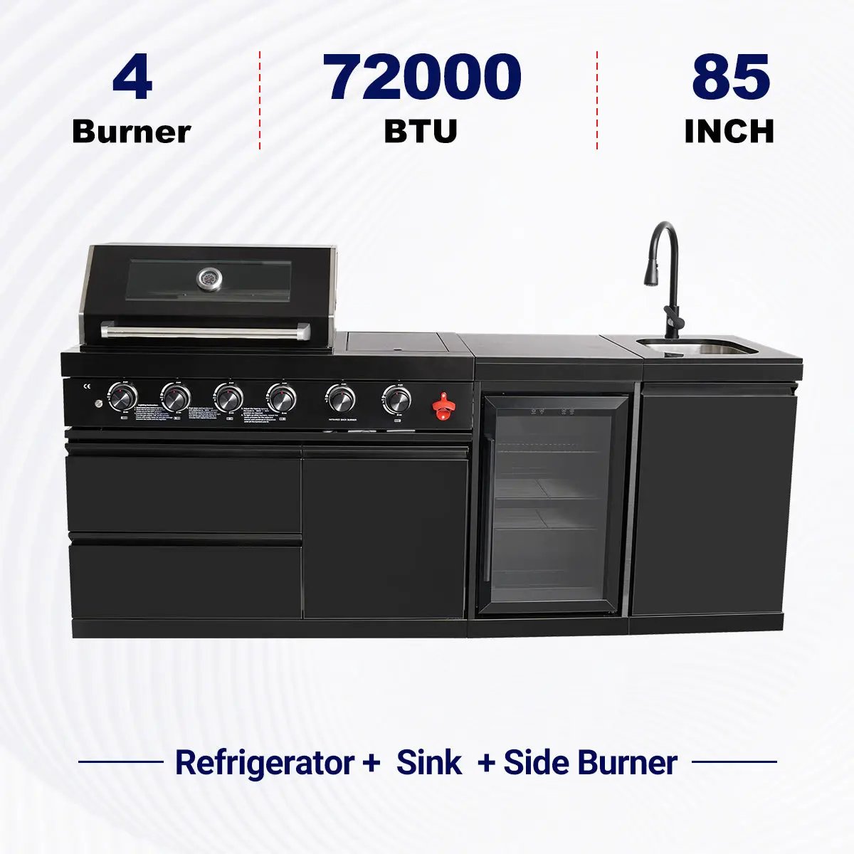 85" 4-Burner 72000 BTU Black Outdoor Kitchen Island Grill with Compact Refrigerator Marble Countertops Sink by Chery Industrial