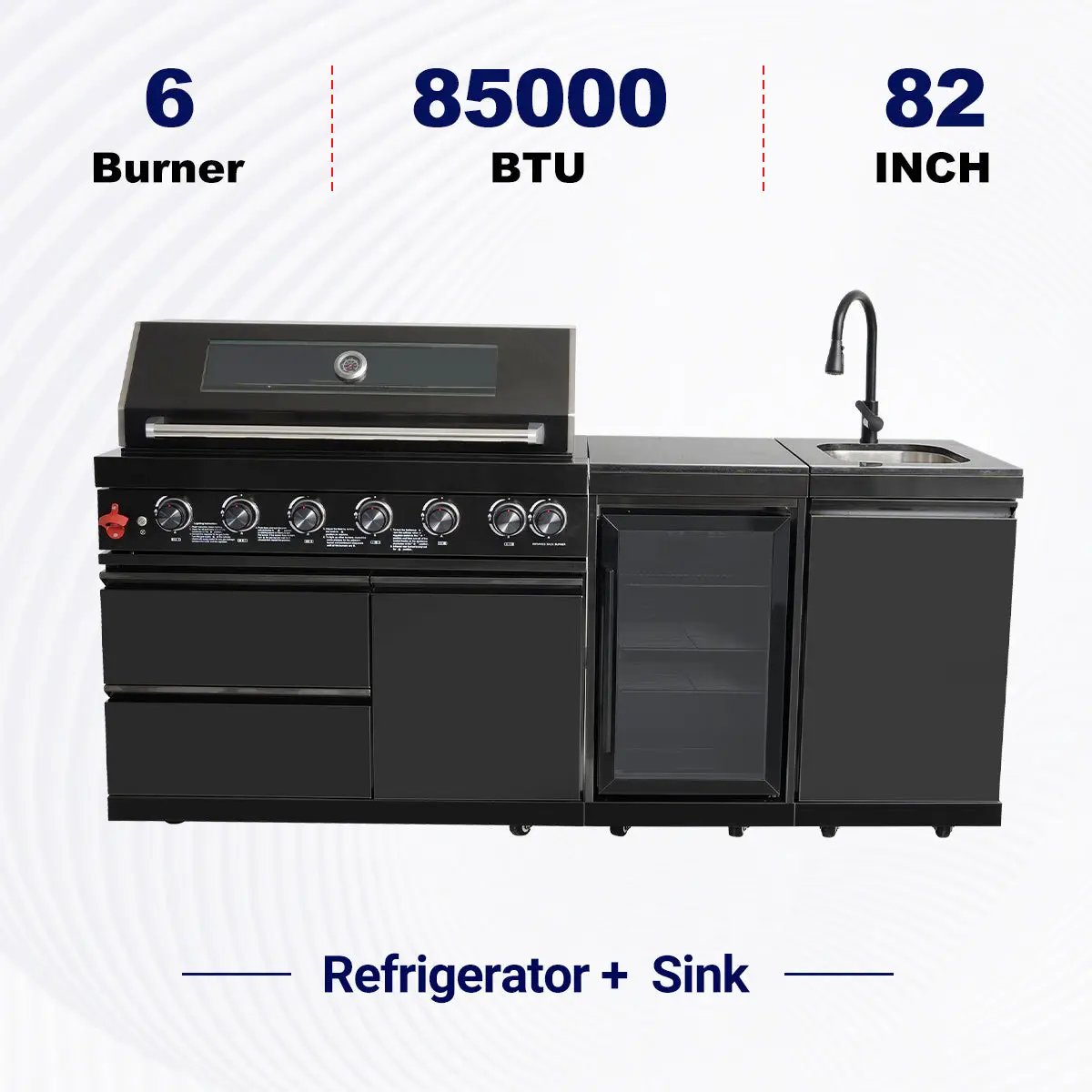 82" 6-Burner 85,000 BTU Gas Outdoor Kitchen Island Grill Stainless Steel Sink Wine Cooler by Chery Industrial