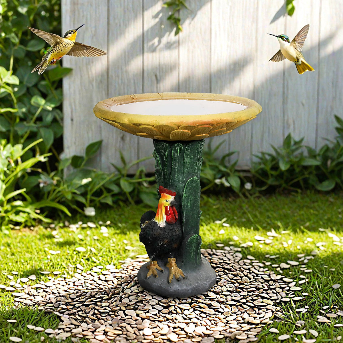 Concrete Bird Bath Garden Sunflower and Rooster 24 In, installed in a room
