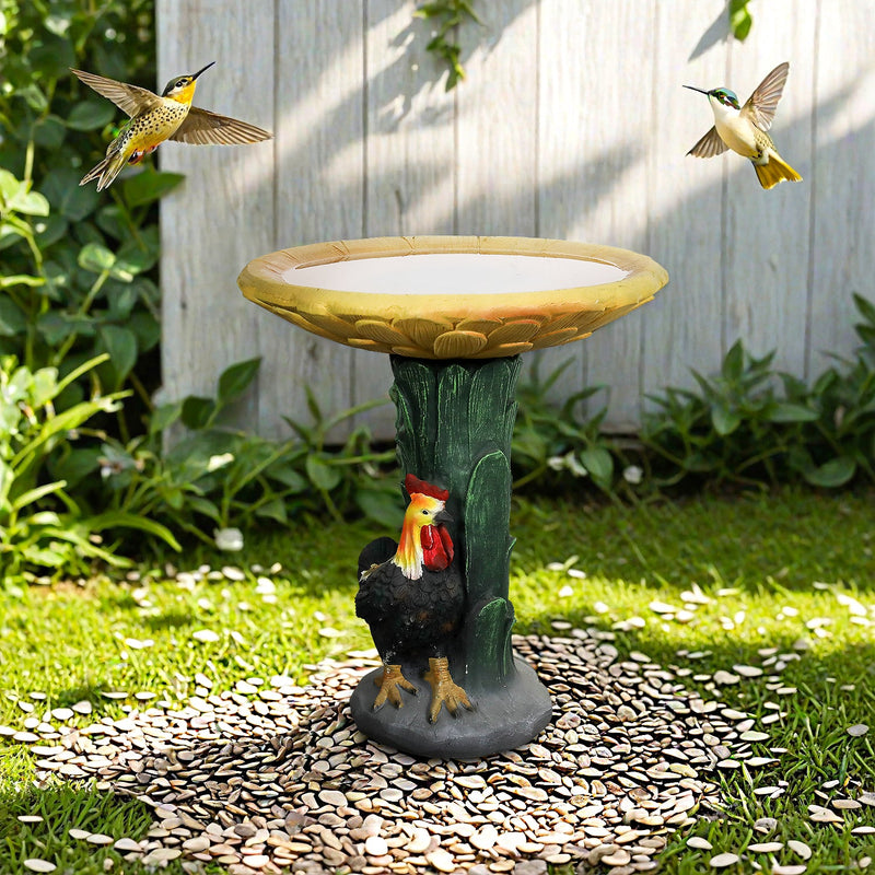 Concrete Bird Bath Garden Sunflower and Rooster 24 In, installed in a room