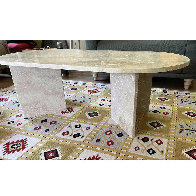 Troia Light Travertine Oval Shape Coffee Table Filled and Polished (W)24" (L)48" (H)16" by GobekDesign