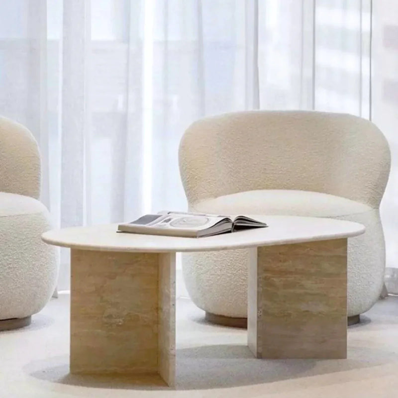 Troia Light Travertine Oval Shape Coffee Table Filled and Polished (W)24" (L)48" (H)16" by GobekDesign