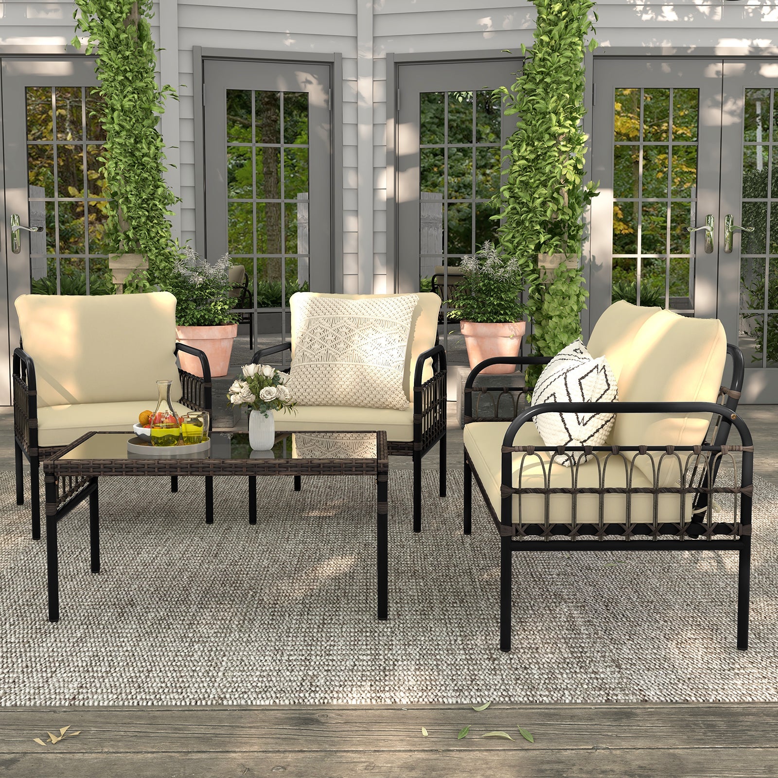 4 Pieces Outdoor Wicker Conversation Bistro Set with Soft Cushions and Tempered Glass Coffee Table-Beige by DirectDeals