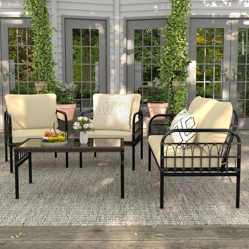 4 Pieces Outdoor Wicker Conversation Bistro Set with Soft Cushions and Tempered Glass Coffee Table-Beige by DirectDeals