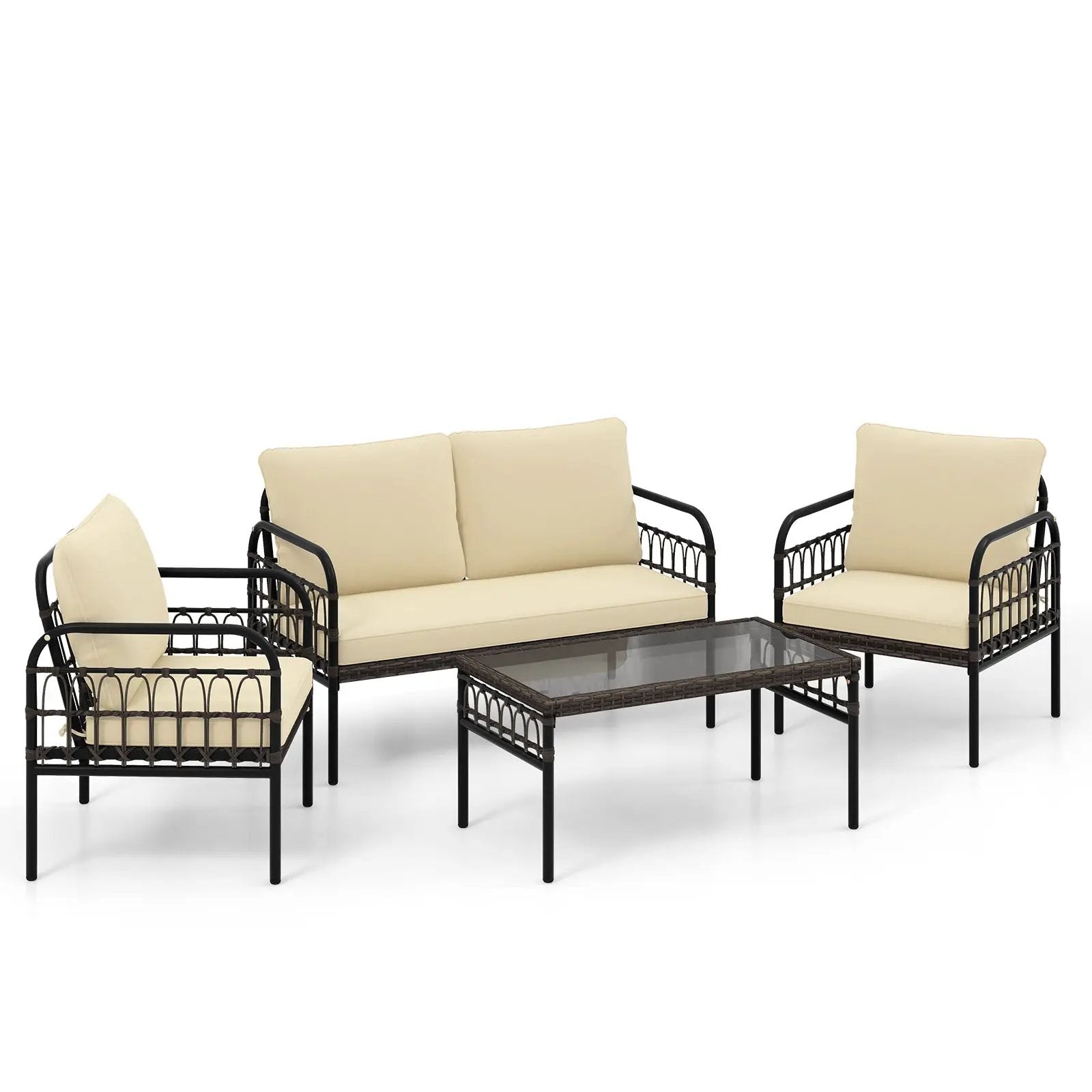 4 Pieces Outdoor Wicker Conversation Bistro Set with Soft Cushions and Tempered Glass Coffee Table-Beige by DirectDeals