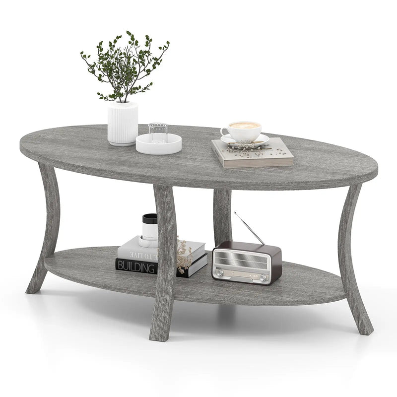 Oval Coffee Table 2-Tier Center Table with Storage Shelf-Gray by DirectDeals