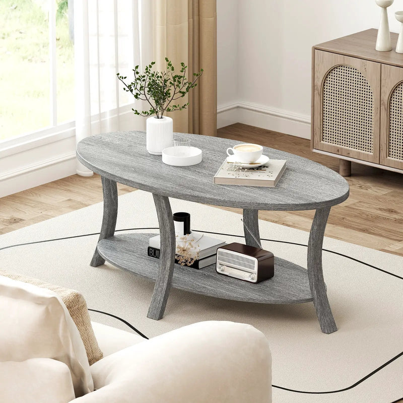 Oval Coffee Table 2-Tier Center Table with Storage Shelf-Gray by DirectDeals