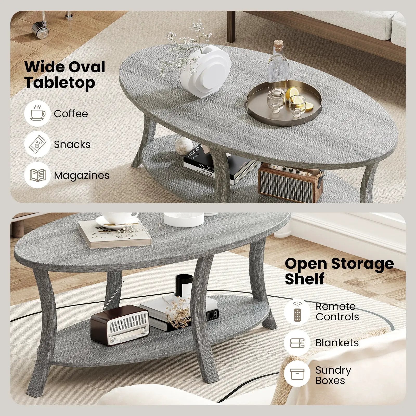 Oval Coffee Table 2-Tier Center Table with Storage Shelf-Gray by DirectDeals