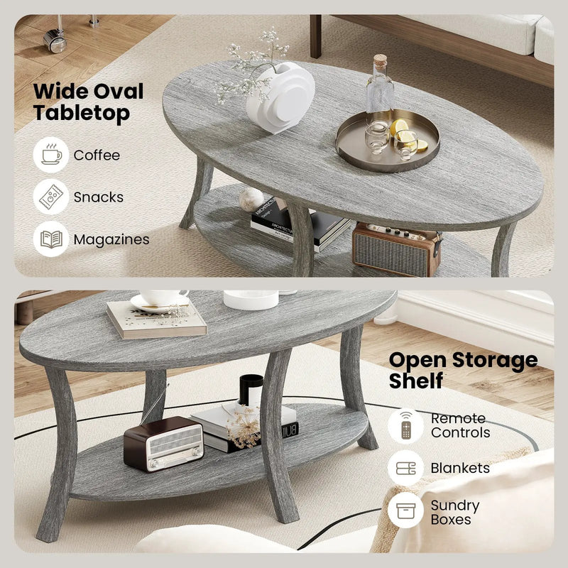 Oval Coffee Table 2-Tier Center Table with Storage Shelf-Gray by DirectDeals