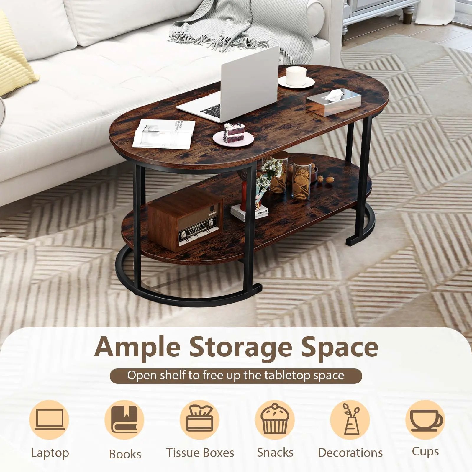 Oval Coffee Table 2-Tier Wooden Accent Table with Spacious Tabletop and Open Storage Shelf by DirectDeals