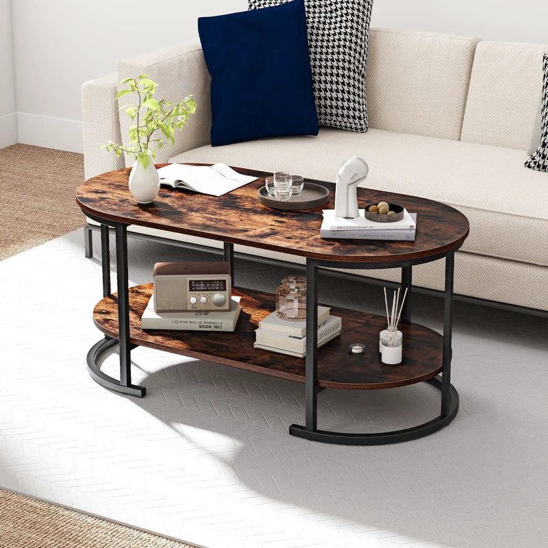 Oval Coffee Table 2-Tier Wooden Accent Table with Spacious Tabletop and Open Storage Shelf by DirectDeals