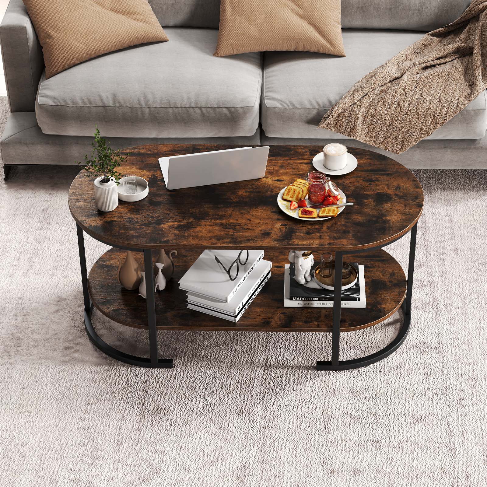 Oval Coffee Table 2-Tier Wooden Accent Table with Spacious Tabletop and Open Storage Shelf by DirectDeals