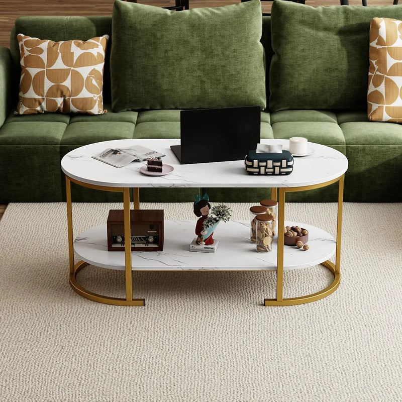 Oval Coffee Table 2-Tier Wooden Accent Table with Spacious Tabletop and Open Storage Shelf by DirectDeals