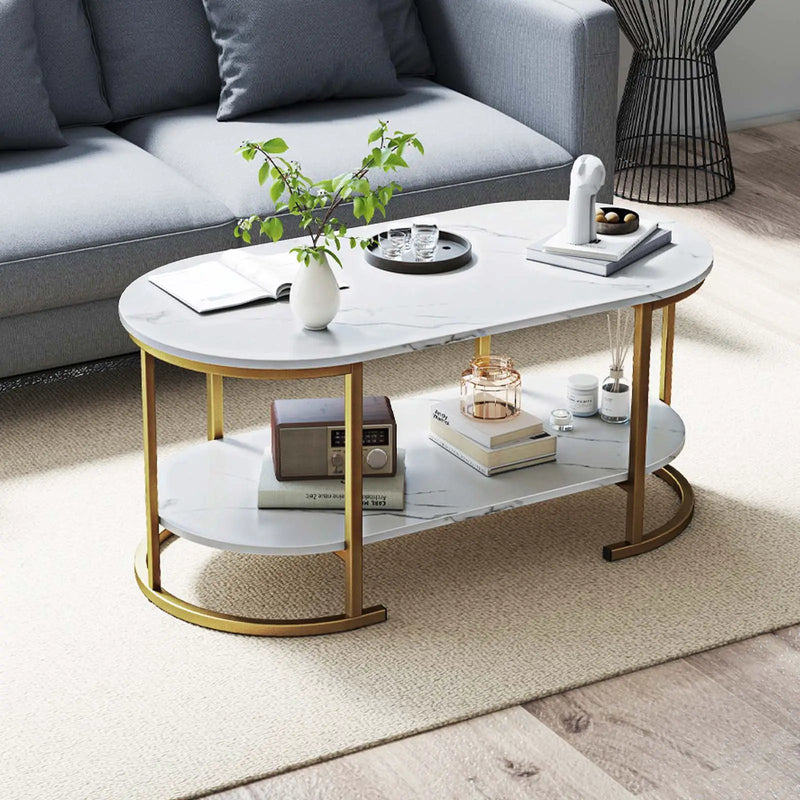 Oval Coffee Table 2-Tier Wooden Accent Table with Spacious Tabletop and Open Storage Shelf by DirectDeals