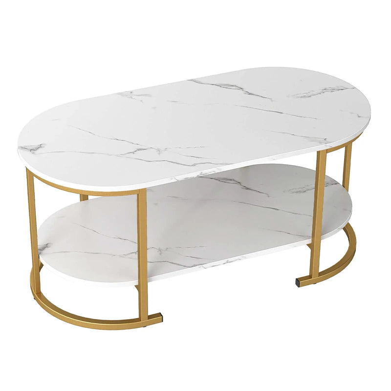 Oval Coffee Table 2-Tier Wooden Accent Table with Spacious Tabletop and Open Storage Shelf by DirectDeals