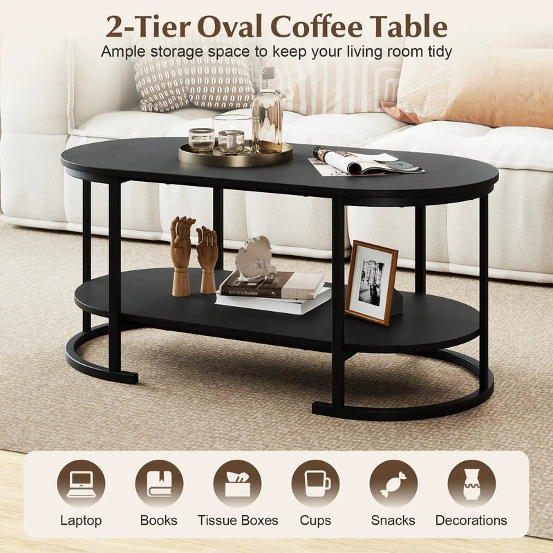 Oval Coffee Table 2-Tier Wooden Accent Table with Spacious Tabletop and Open Storage Shelf by DirectDeals