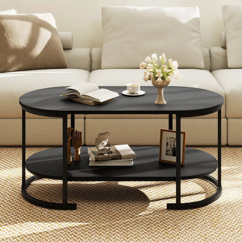 Oval Coffee Table 2-Tier Wooden Accent Table with Spacious Tabletop and Open Storage Shelf by DirectDeals