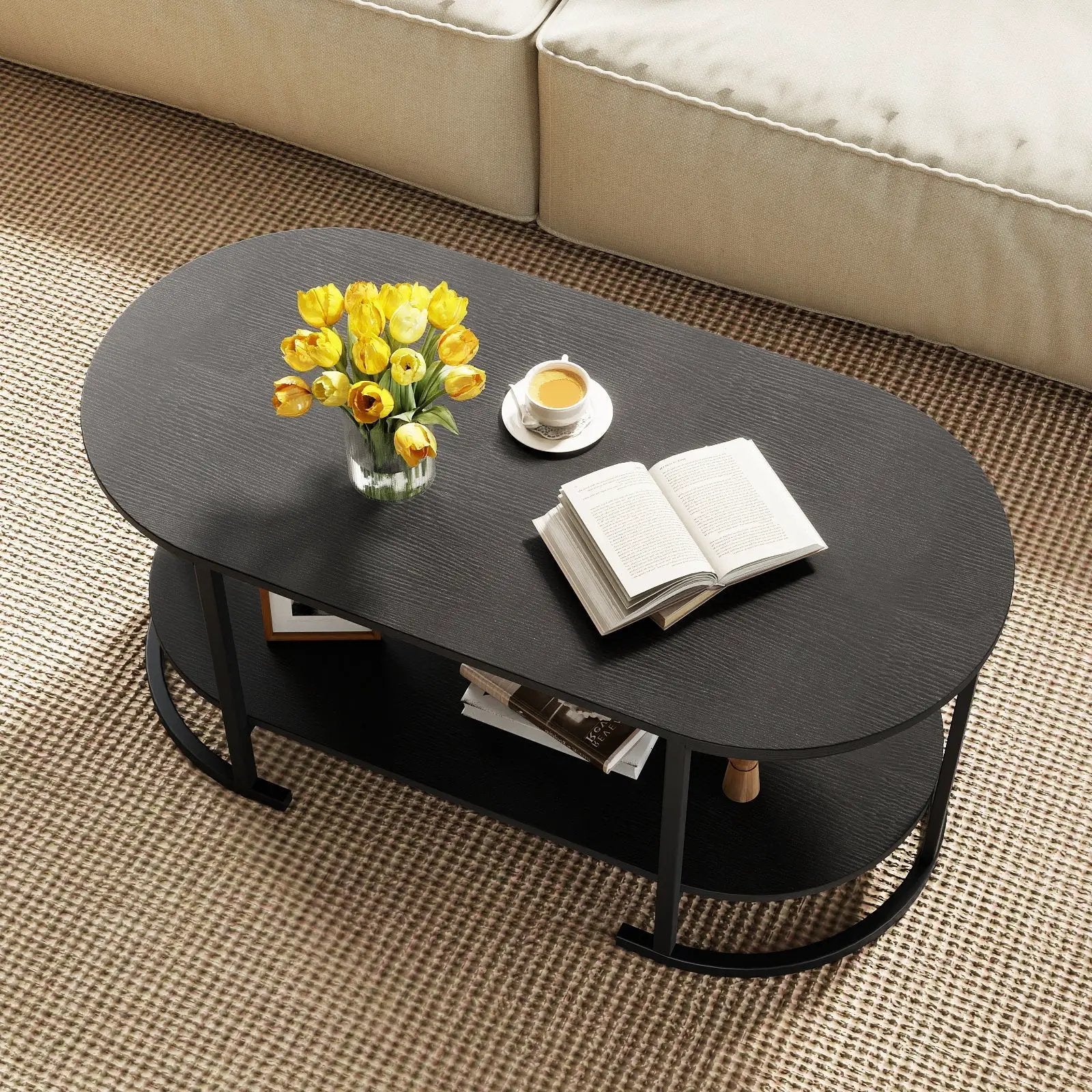 Oval Coffee Table 2-Tier Wooden Accent Table with Spacious Tabletop and Open Storage Shelf by DirectDeals