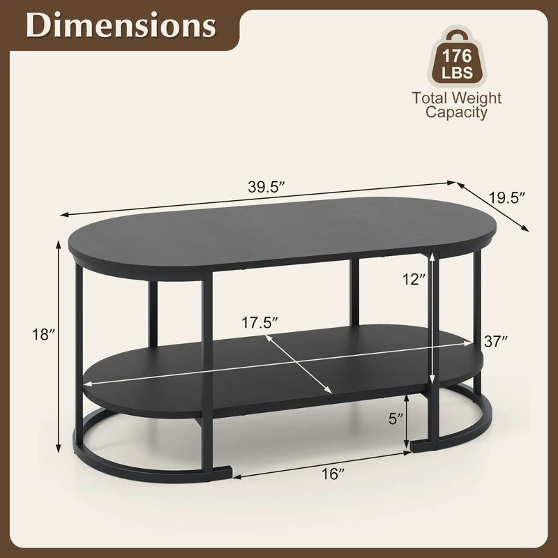 Oval Coffee Table 2-Tier Wooden Accent Table with Spacious Tabletop and Open Storage Shelf by DirectDeals