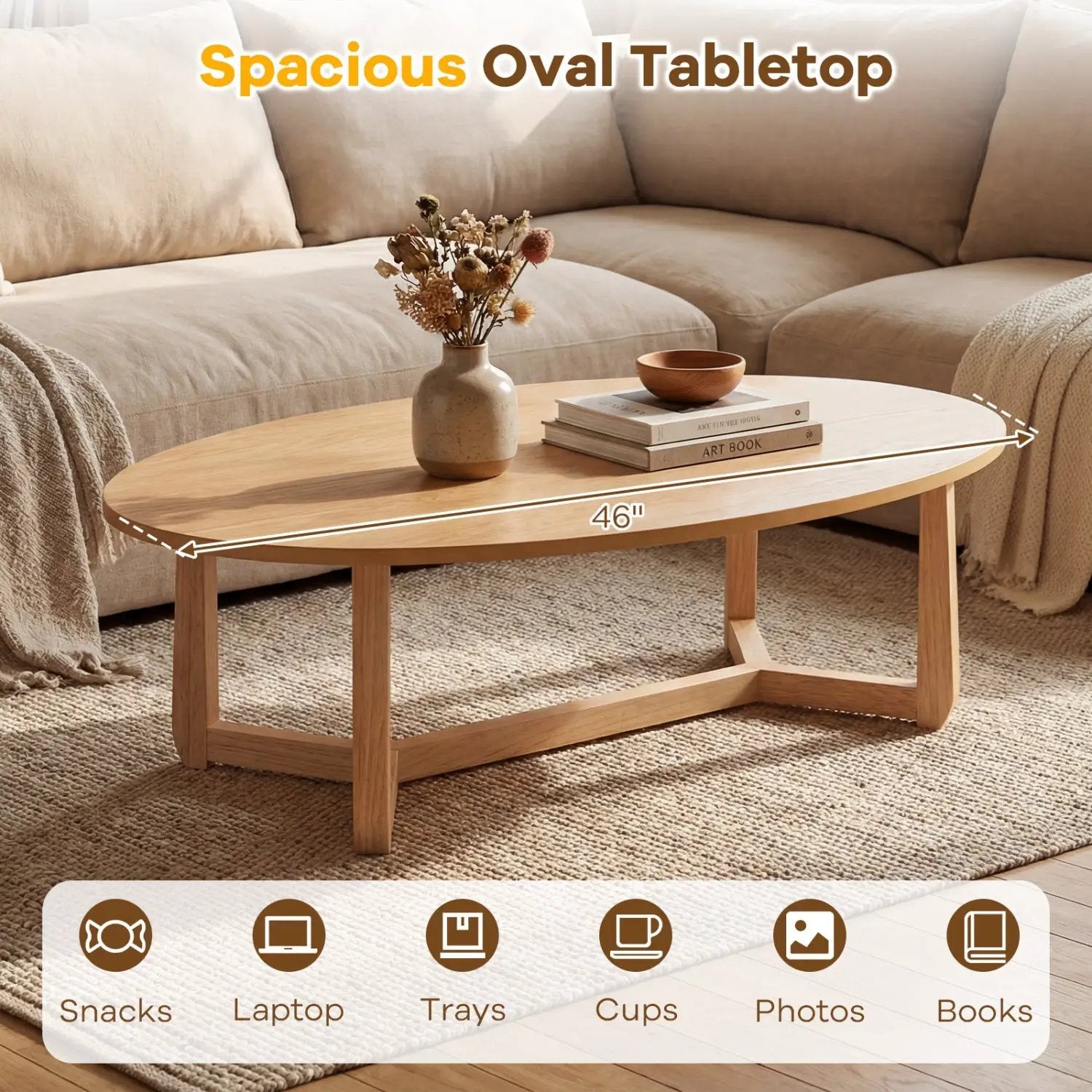 Oval Coffee Table 46 Inches Wooden Accent Table with Thickened Top by DirectDeals
