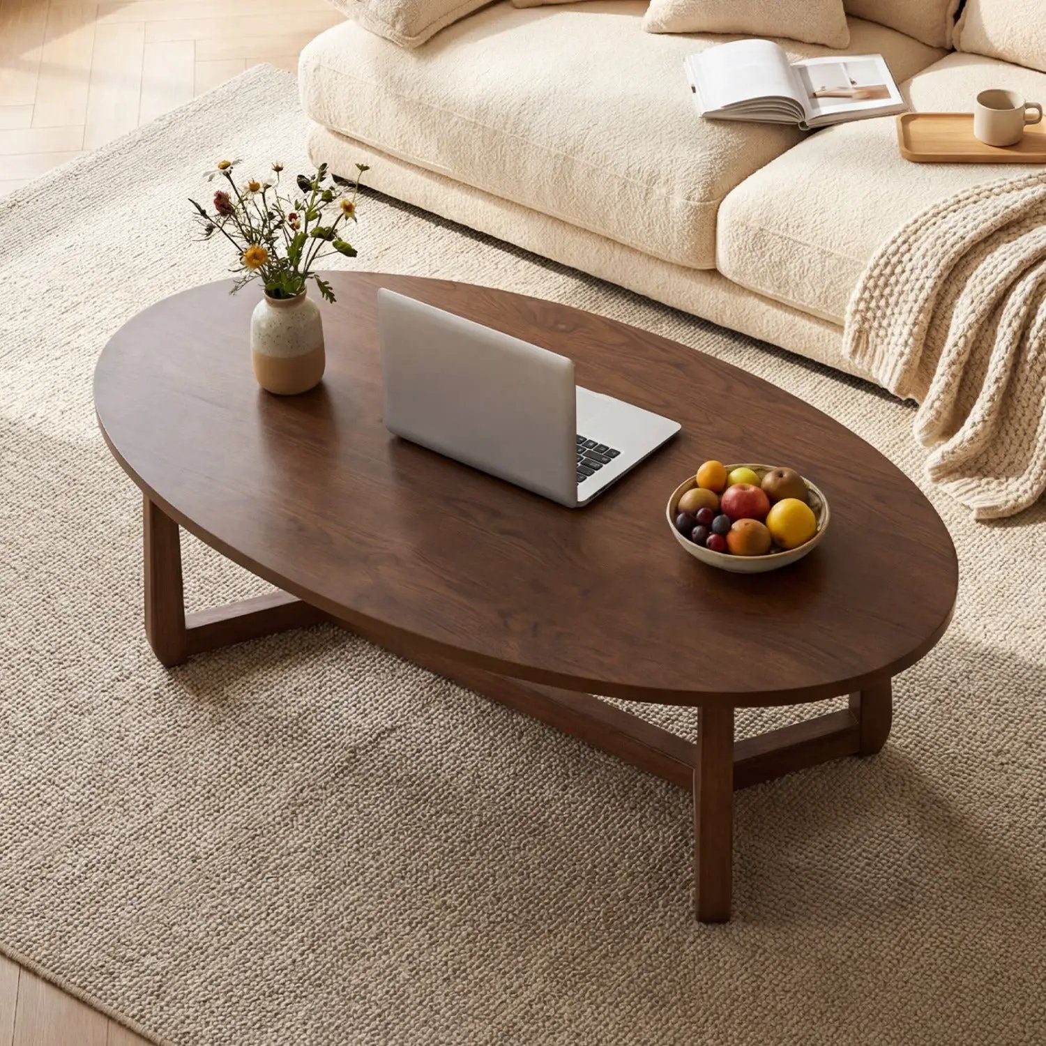 Oval Coffee Table 46 Inches Wooden Accent Table with Thickened Top by DirectDeals