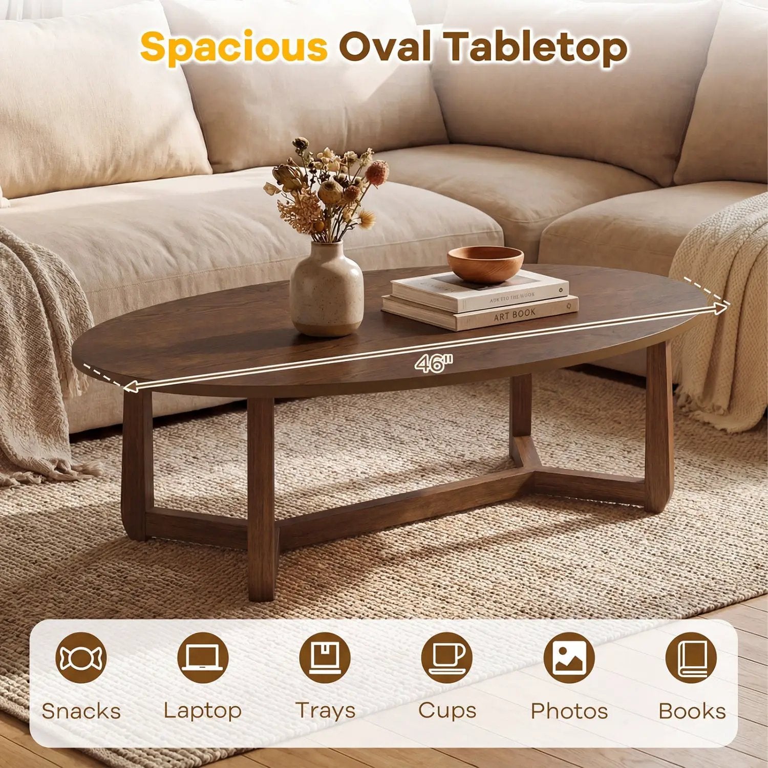 Oval Coffee Table 46 Inches Wooden Accent Table with Thickened Top by DirectDeals
