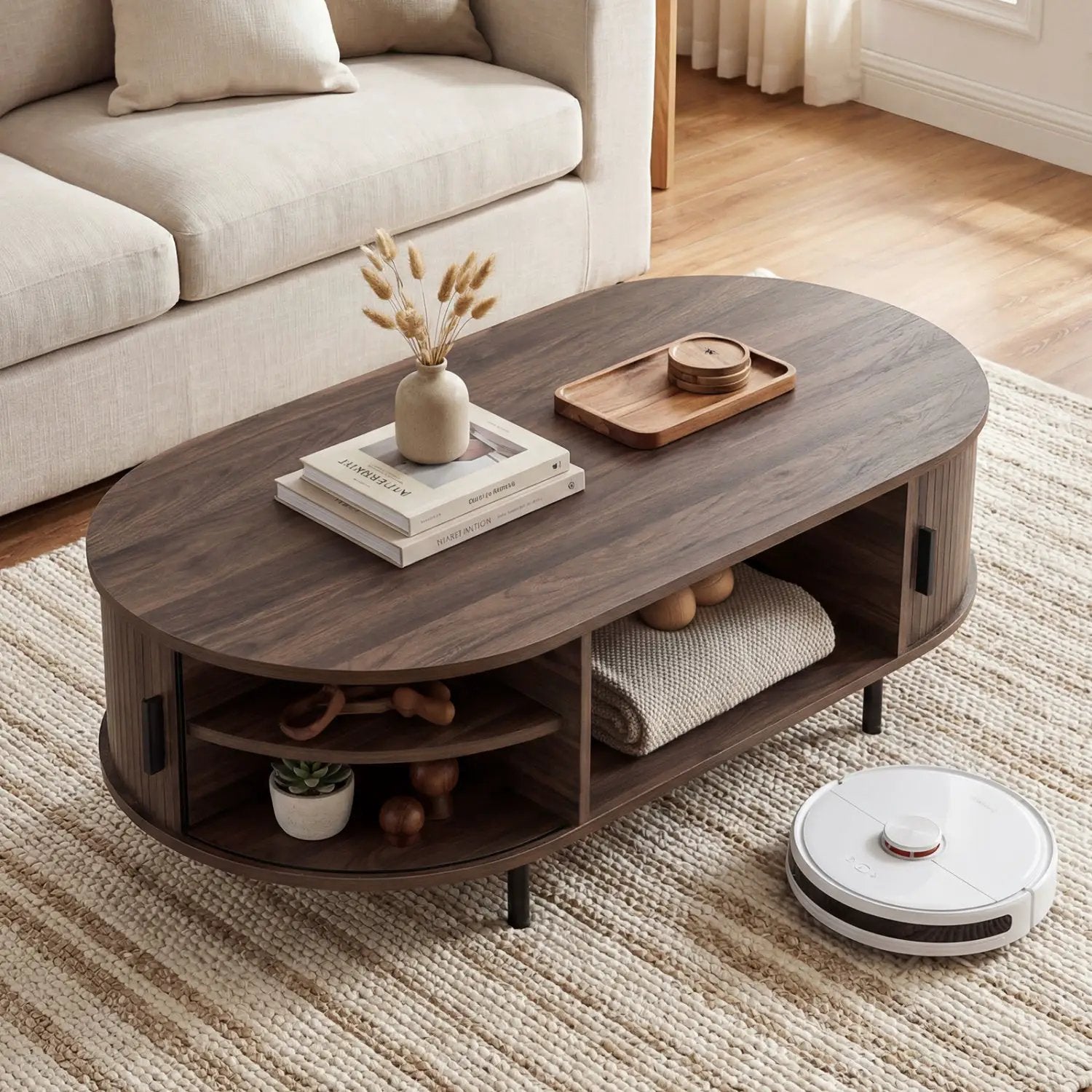 Oval Coffee Table 47.5inch Wooden Center Table with Storage by DirectDeals