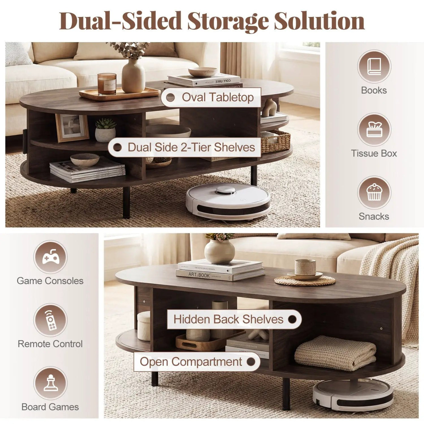 Oval Coffee Table 47.5inch Wooden Center Table with Storage by DirectDeals