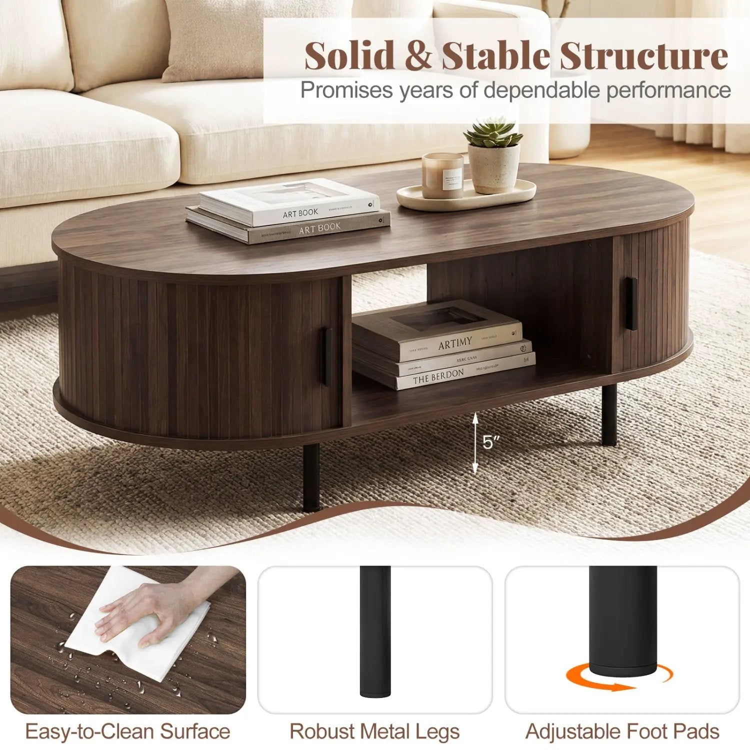 Oval Coffee Table 47.5inch Wooden Center Table with Storage by DirectDeals