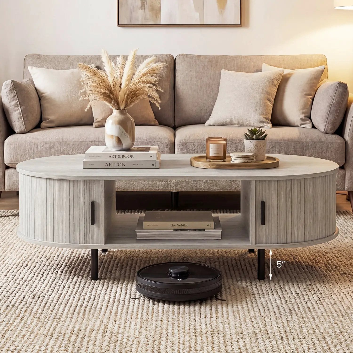 Oval Coffee Table 47.5inch Wooden Center Table with Storage by DirectDeals