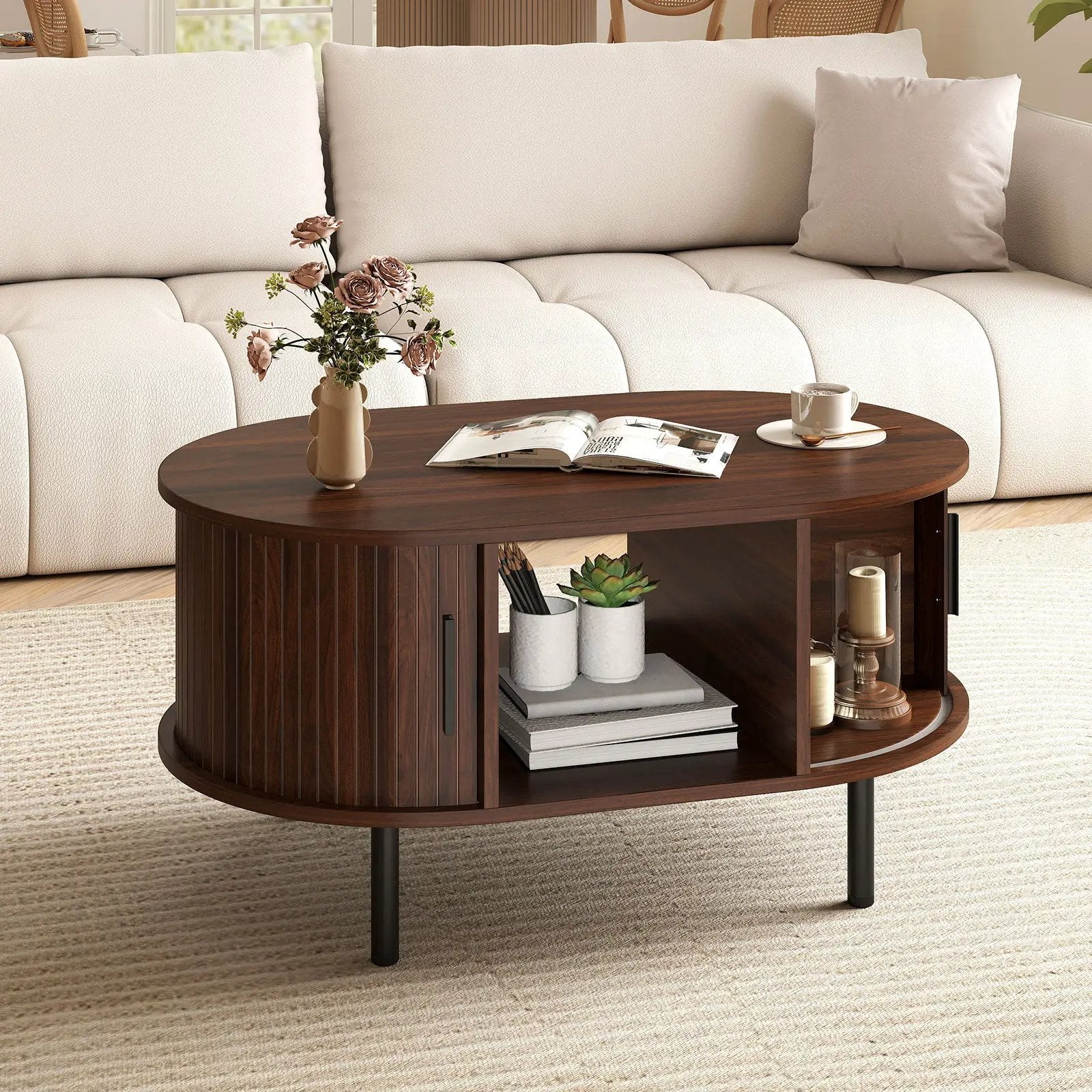 Oval Coffee Table with Open Compartment and Sector Shelves-Walnut by DirectDeals