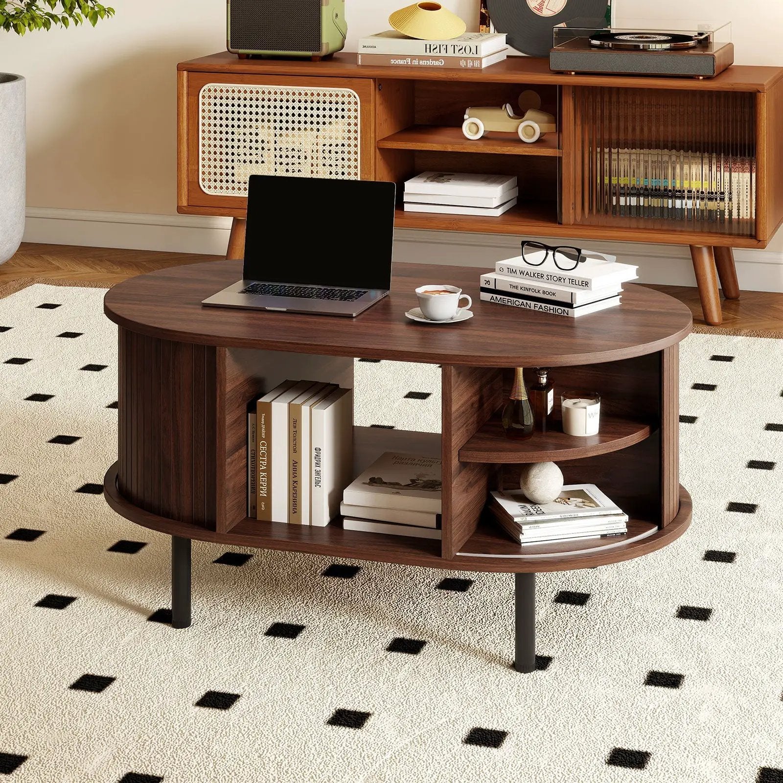 Oval Coffee Table with Open Compartment and Sector Shelves-Walnut by DirectDeals