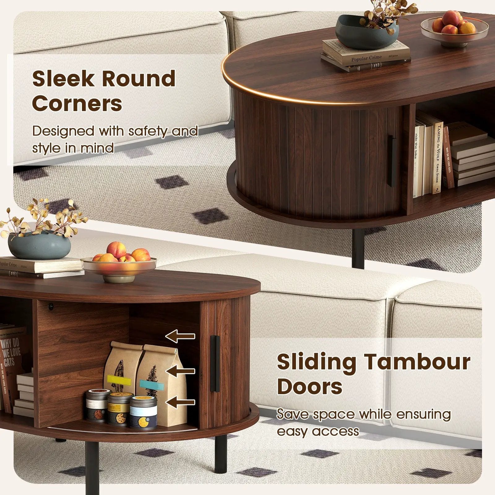 Oval Coffee Table with Open Compartment and Sector Shelves-Walnut by DirectDeals