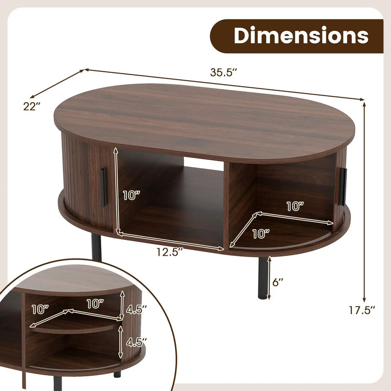 Oval Coffee Table with Open Compartment and Sector Shelves-Walnut by DirectDeals