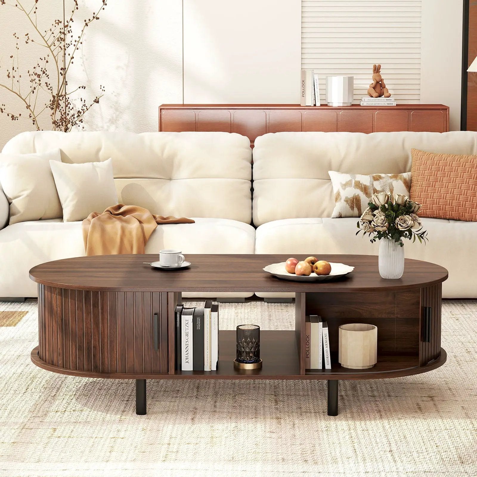 48" Mid Century Center Table with Sliding Fluted Doors and Open Compartment-Walnut by DirectDeals