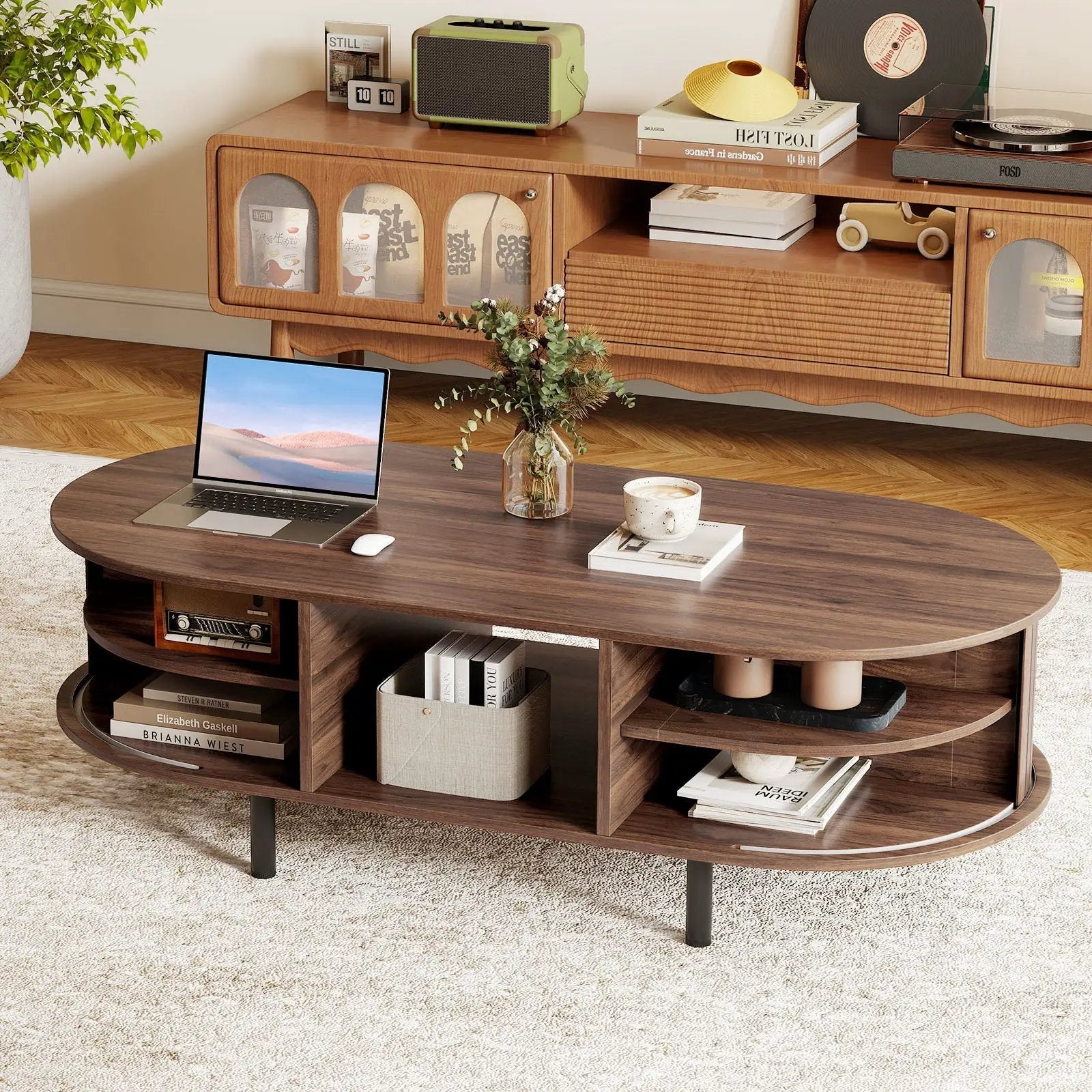 48" Mid Century Center Table with Sliding Fluted Doors and Open Compartment-Walnut by DirectDeals