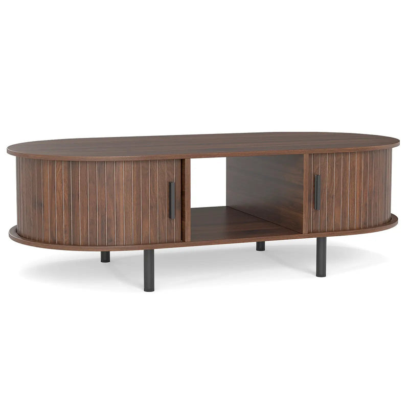48" Mid Century Center Table with Sliding Fluted Doors and Open Compartment-Walnut by DirectDeals