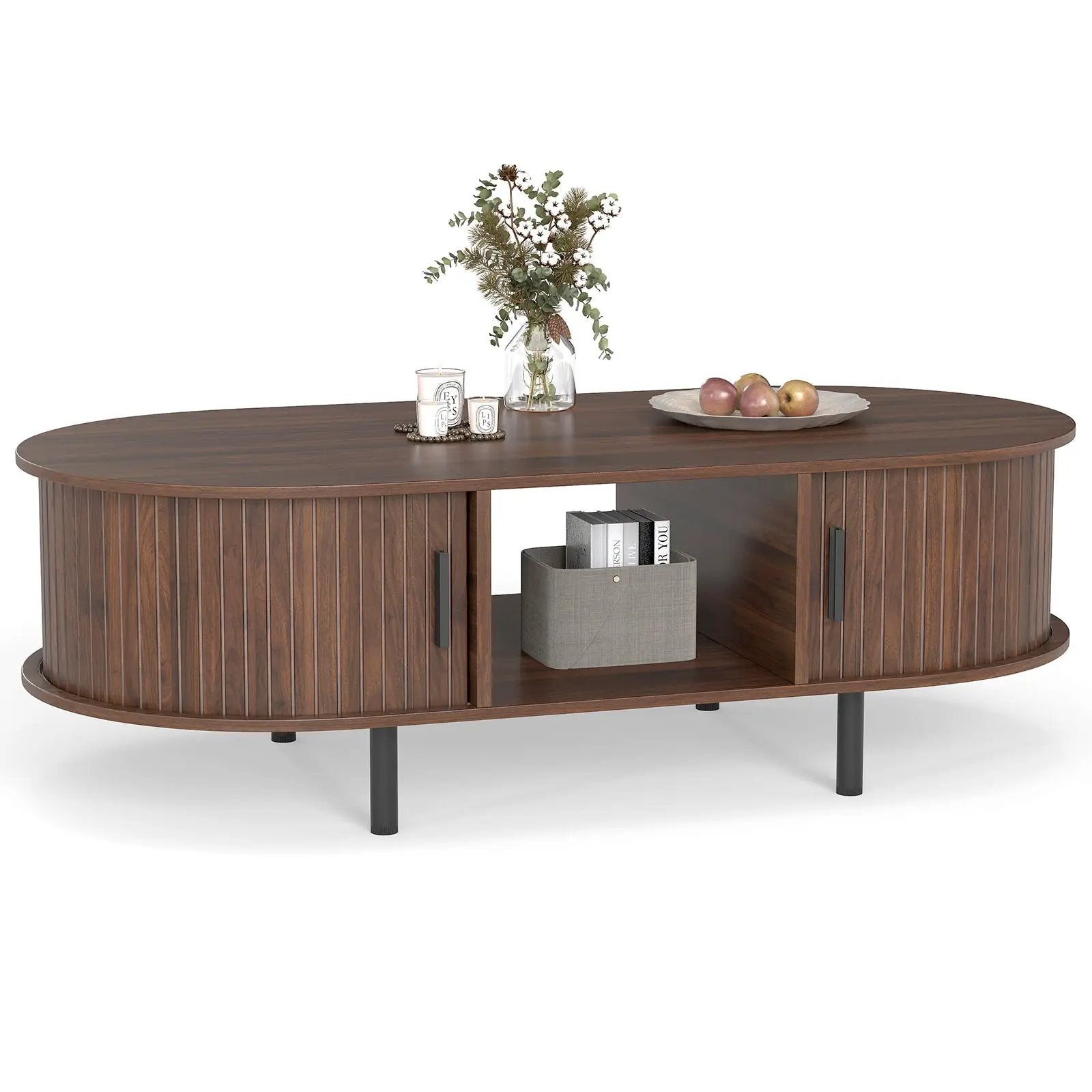 48" Mid Century Center Table with Sliding Fluted Doors and Open Compartment-Walnut by DirectDeals