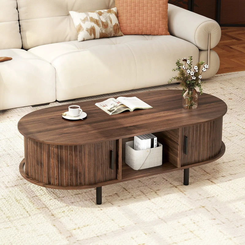 48" Mid Century Center Table with Sliding Fluted Doors and Open Compartment-Walnut by DirectDeals