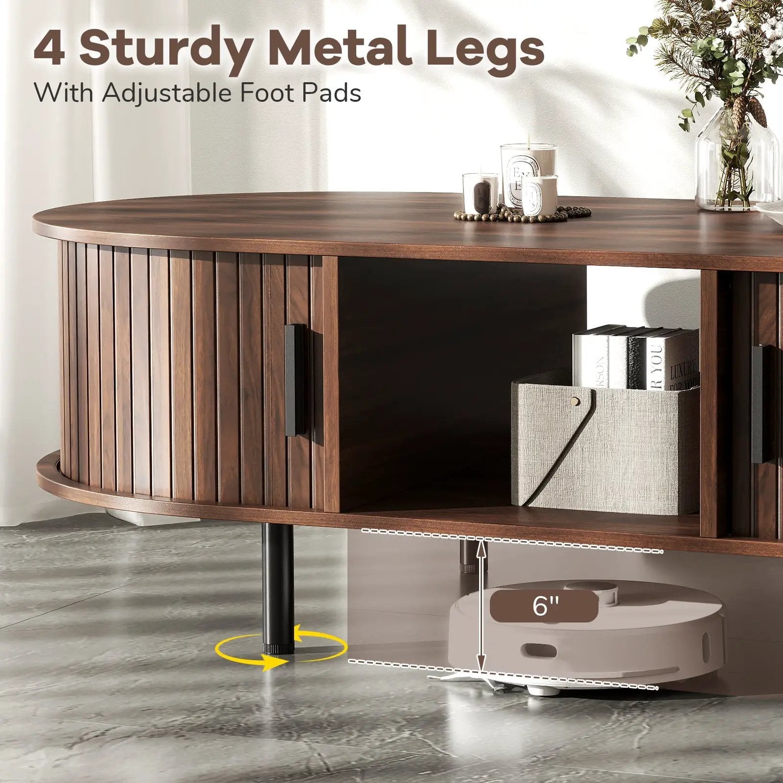 48" Mid Century Center Table with Sliding Fluted Doors and Open Compartment-Walnut by DirectDeals