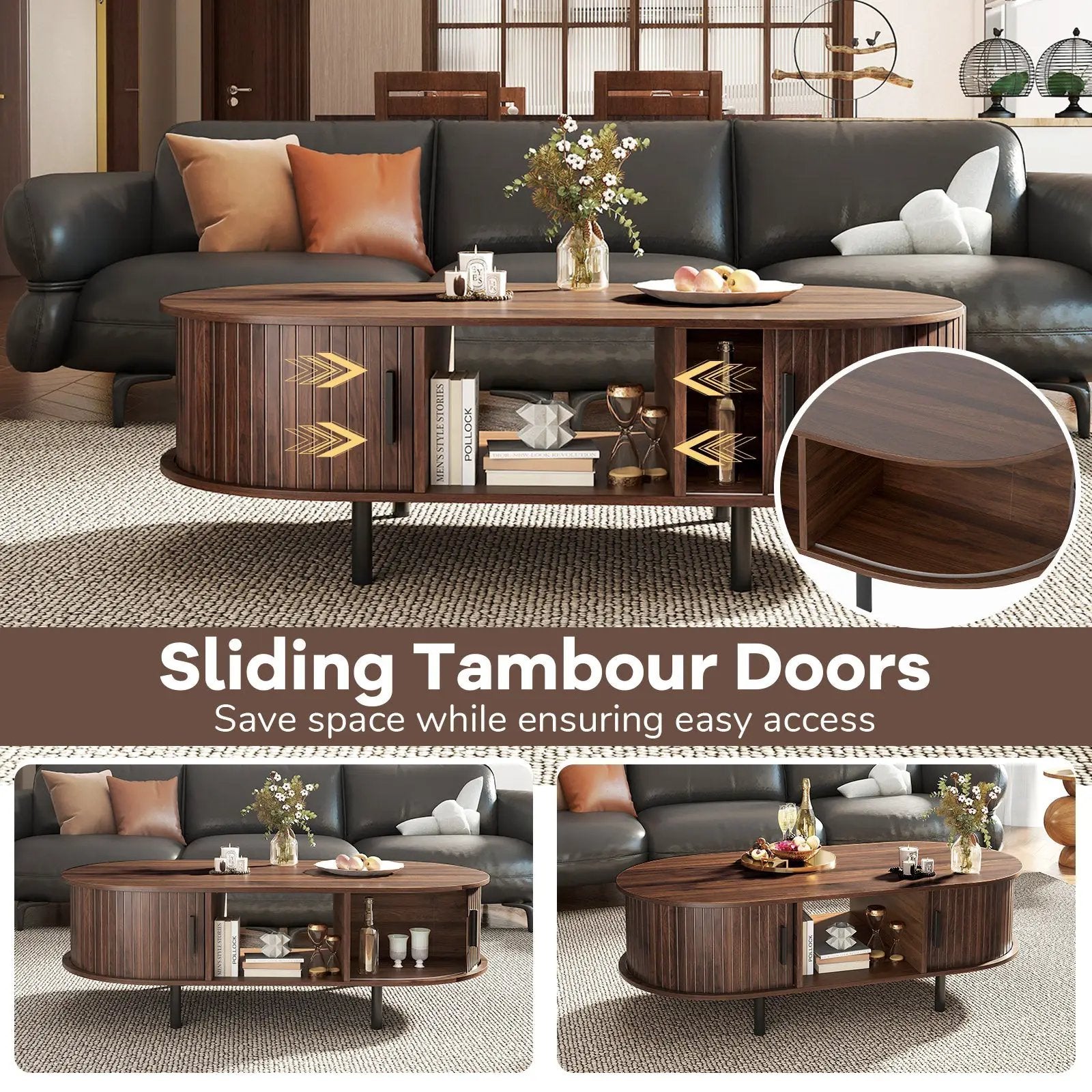 48" Mid Century Center Table with Sliding Fluted Doors and Open Compartment-Walnut by DirectDeals