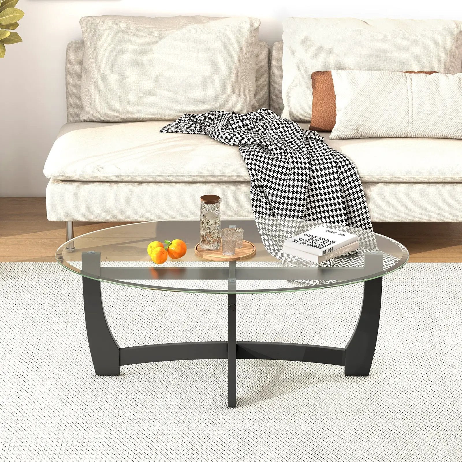 Oval Coffee Table with Tempered Glass Tabletop and Rubber Wood Legs-Black by DirectDeals