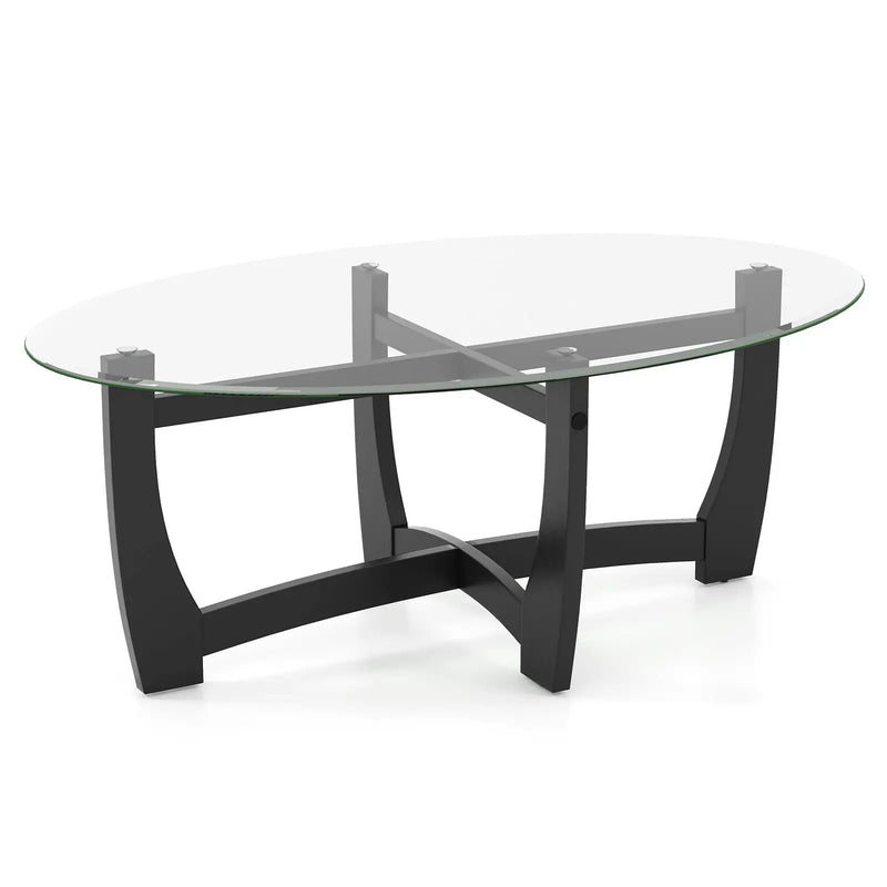 Oval Coffee Table with Tempered Glass Tabletop and Rubber Wood Legs-Black by DirectDeals